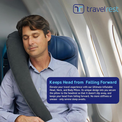 Travelrest Ultimate Travel Pillow for Neck and Body, inflatable, space-saving, for sleeping on long flights, napping on road trips, for traveling in car and bus, Gray.