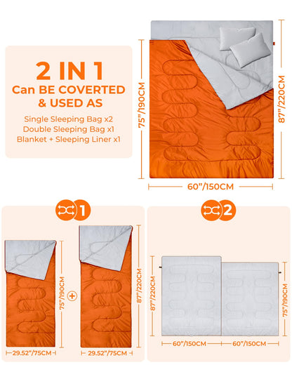 Sleeping Bag Outdoor Double Sleeping Bag - Ohuhu Blanket Sleeping Bag Winter for Adults 2 People and Carrying Bag, Comfortable Temperature for Outdoor Camping