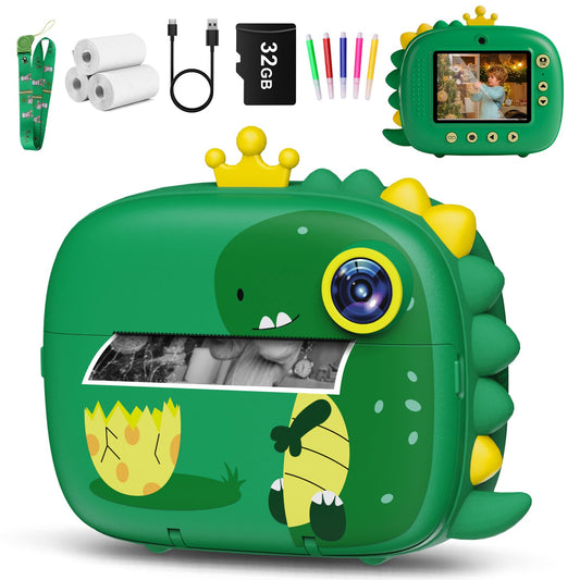Children's camera instant camera, Hangrui instant camera for children, 1080P 2.4 inch screen camera kids instant print with 32G card, 3 rolls printing paper, 5 colored pens gift for children 3-12 years.