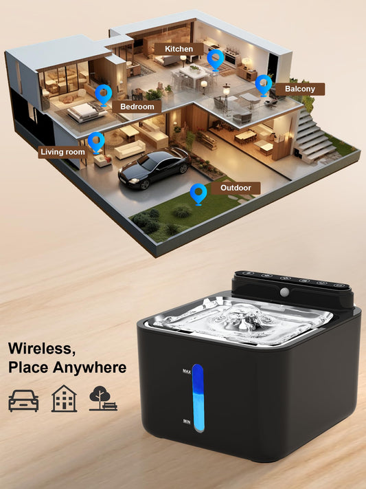 PLOOHT Cat Drinking Fountain Wireless, Cat Fountain with Motion Sensor, Cat Fountain Battery Operated 3.2L, Built-in 4000mAh Rechargeable Battery, with Quiet Pump and Filter, Black