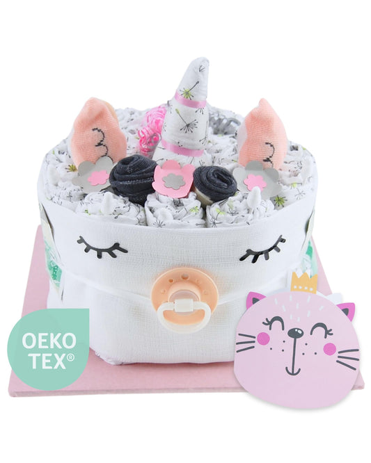 Diaper cake ® Unicorn Pink Girl - Newborn gift birth [give joy] baby shower pull party toys essentials wet wipes burp cloths baby socks pacifier - order cake