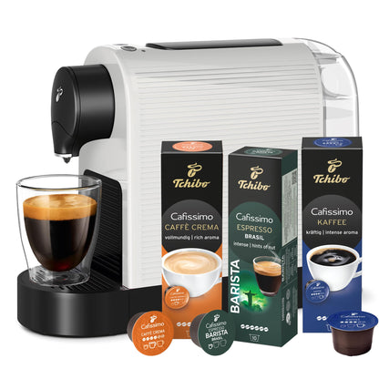 Tchibo Cafissimo "Pure plus" coffee machine capsule machine incl. 30 capsules for Caffè Crema, Espresso, and coffee | 0.8l | 1250 watts | 11.9 x 33.7 x 24 cm | White