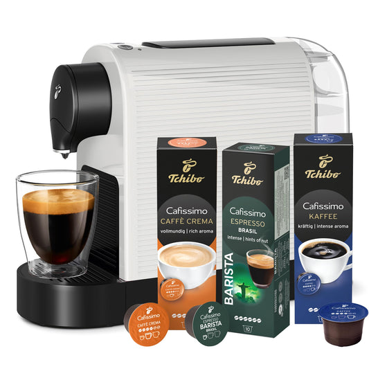 Tchibo Cafissimo "Pure plus" coffee machine capsule machine incl. 30 capsules for Caffè Crema, Espresso, and coffee | 0.8l | 1250 watts | 11.9 x 33.7 x 24 cm | White