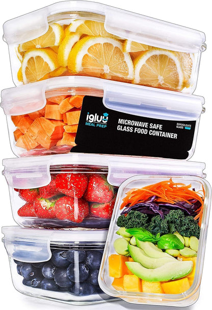 Igluu Meal Prep glass food storage containers with BPA-free lid (5-pack + 1 spare lid) - microwave, oven, freezer, dishwasher safe, leakproof - 840 ml - durable borosilicate glass.