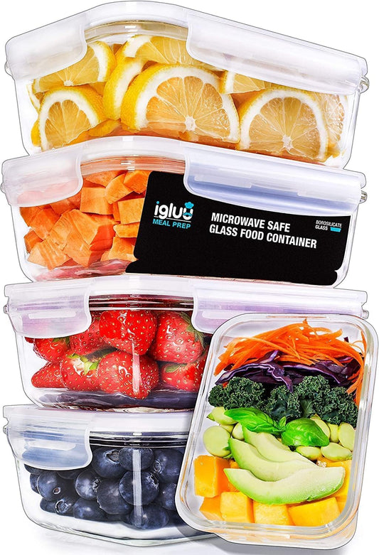 Igluu Meal Prep glass food storage containers with BPA-free lid (5-pack + 1 spare lid) - microwave, oven, freezer, dishwasher safe, leakproof - 840 ml - durable borosilicate glass.