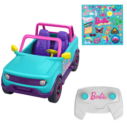 Hot Wheels Remote Control Car, Barbie Remote Controlled SUV with stickers, fits 2 Barbie dolls plus accessories, customize with adhesive stickers, HTP53