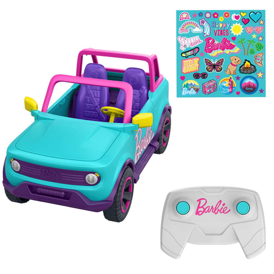 Hot Wheels Remote Control Car, Barbie Remote Controlled SUV with stickers, fits 2 Barbie dolls plus accessories, customize with adhesive stickers, HTP53
