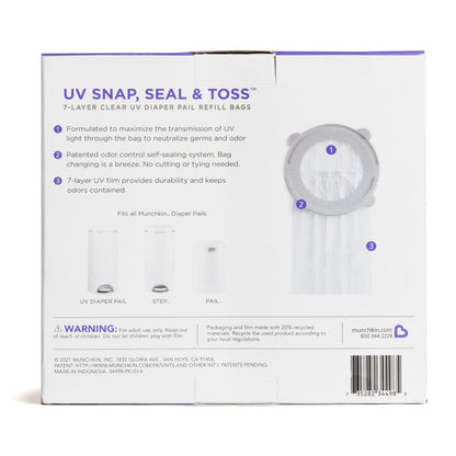 Munchkin UV Snap, Seal & Toss Diaper Pail Refill Bags, for 600 diapers, 20 pieces