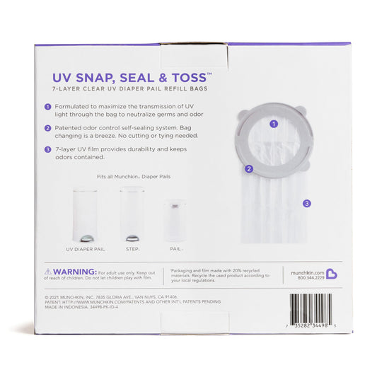 Munchkin UV Snap, Seal & Toss Diaper Pail Refill Bags, for 600 diapers, 20 pieces
