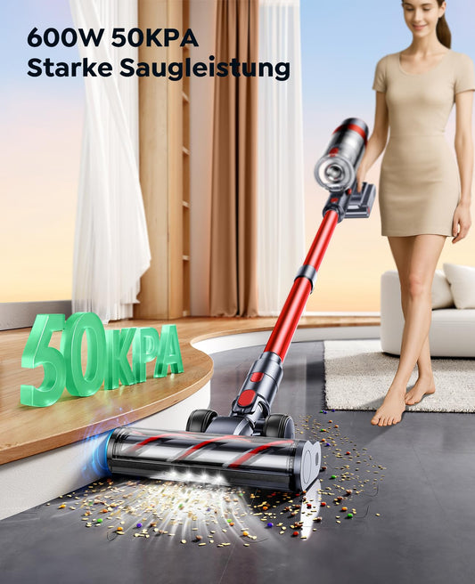 SunSare cordless vacuum cleaner 600W/50000Pa/65min, with wall-mounted charging station, automatic mode, touchscreen, 1m extendable hose for hard floors, carpets, pet hair.