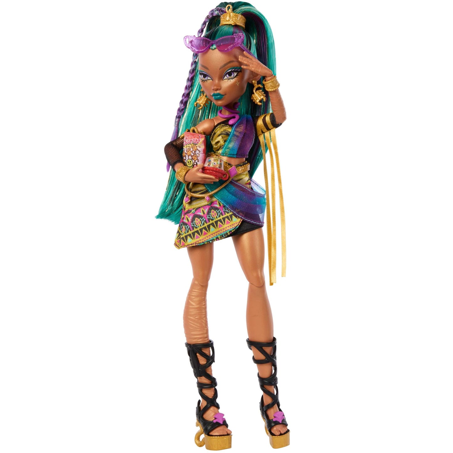 Monster High Nefera De Nile doll, royal mummy in dress with pet scarab Lavish and 7 accessories such as handbag, laptop, sunglasses, drink, and snacks, JDR48.