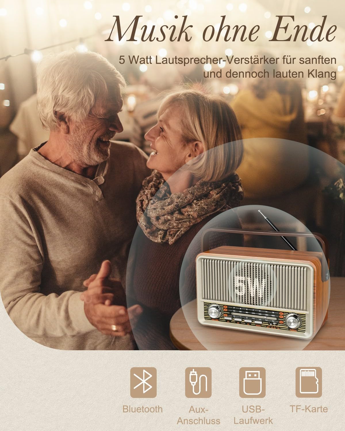 PRUNUS J-120 AM/FM/SW Retro Radio Small, portable radio with 1800mAh battery, or AC power, kitchen radio with Bluetooth, supports USB/TF/AUX, simple radio for seniors. [Light Gold]