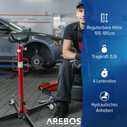 Arebos hydraulic gear lifter | 500 kg engine lifter | working height 105-185 cm | 4 swivel casters incl. foot pedal | continuously adjustable | hydraulic | red/black