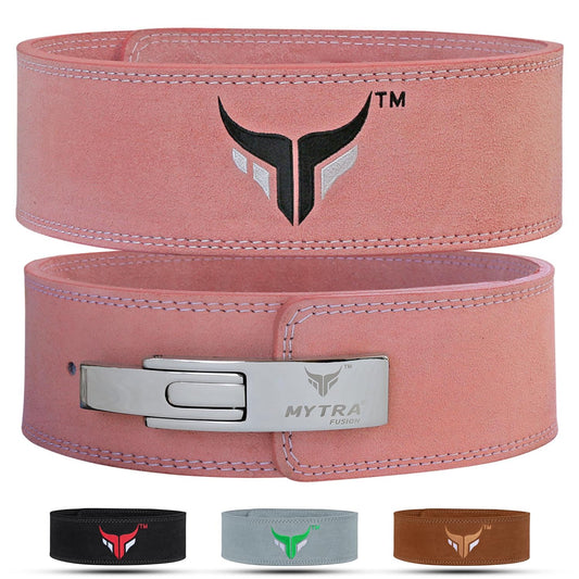 Mytra Fusion weightlifting belt 100% Genuine Leather Weightlifting Belt white buckle, Lifting Belt for Gym, Fitness, Training, weightlifting belt Men & Women Gym Belt (Pink, L)