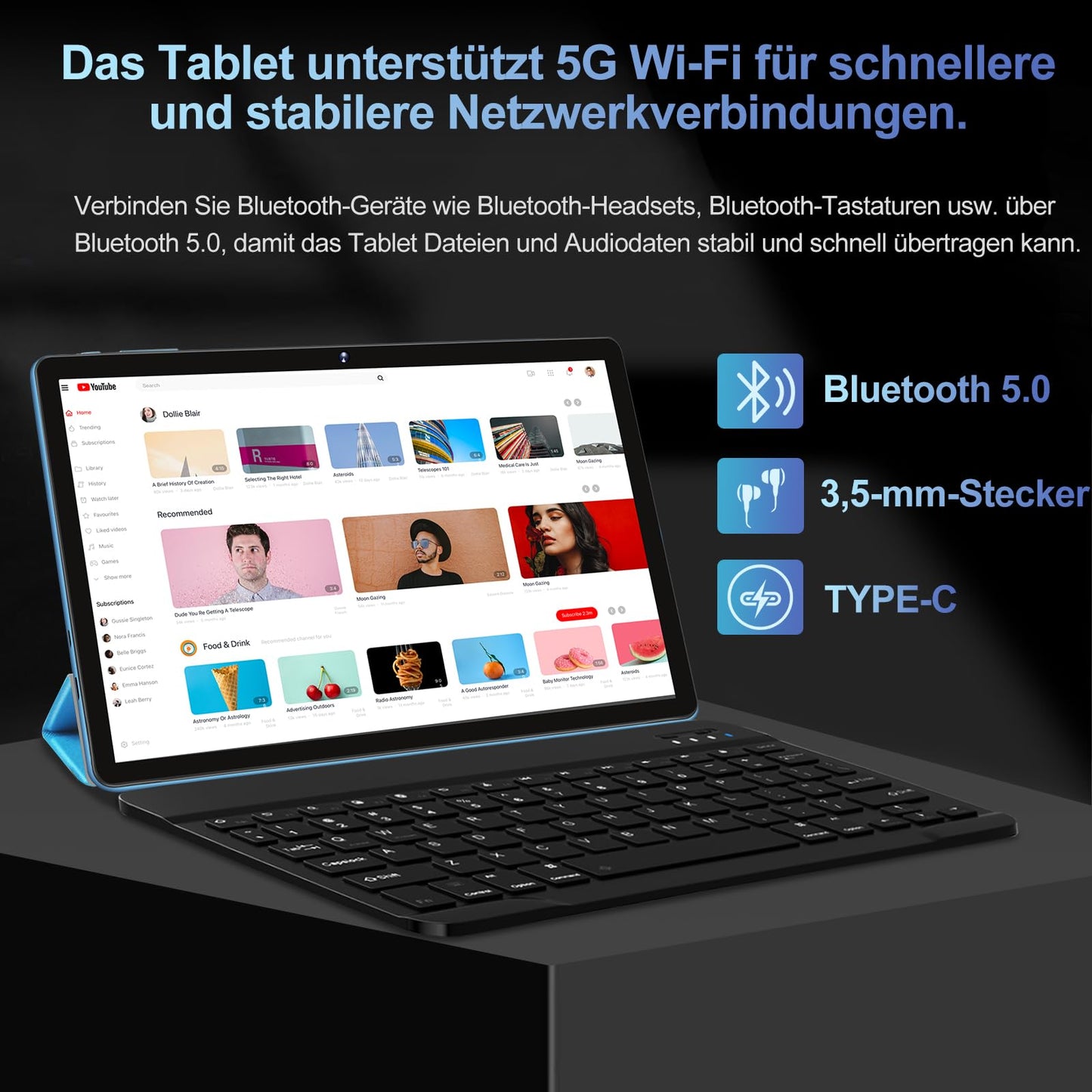 GOODTEL 2024 Latest 10 inch Android 13 Tablet with 12GB RAM+128GB ROM 1TB TF, 5G+2.4G WiFi, GPS, Bluetooth 5.0, 6000mAh, Dual Camera 8+5MP, Cast, OTG, Type C, with Case, Keyboard & Mouse (Blue)