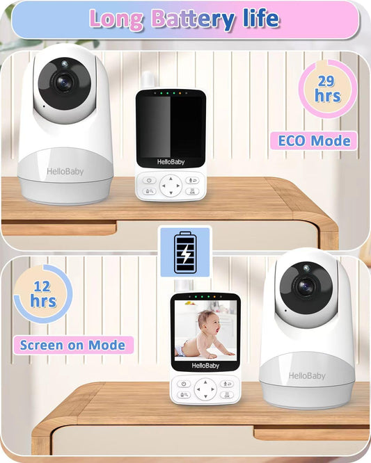 HelloBaby baby monitor with camera, 29 hours battery life, 318°/120° pan-tilt camera, 2x zoom, infrared night vision camera, ECO mode, up to 1000ft range, 2-way audio.
