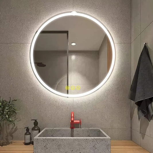 AI-LIGHTING Round Bathroom Mirror with Lighting 50 cm LED Bathroom Mirror with Lighting Anti-fog Dimmable 3 Light Colors Illuminated Bathroom Mirror with Light Wall Mirror with Light