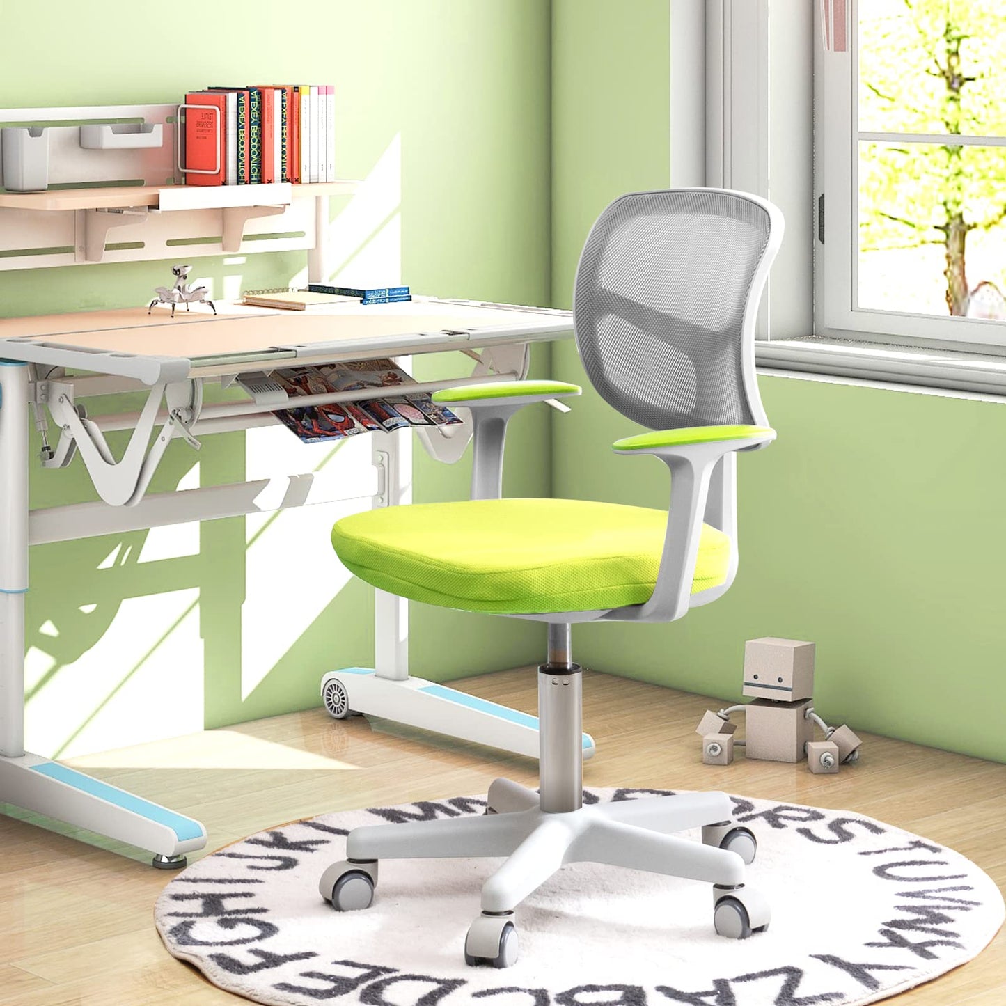COSTWAY 360° swivel kids desk chair, 80-91.5 cm adjustable height youth chair with backrest & armrests, computer chair with 5 wheels for kids aged 3-10 years old (Green)