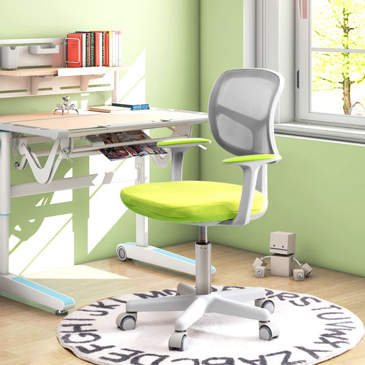 COSTWAY 360° swivel kids desk chair, 80-91.5 cm adjustable height youth chair with backrest & armrests, computer chair with 5 wheels for kids aged 3-10 years old (Green)