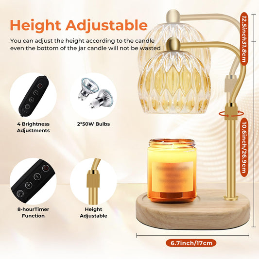 KPUY candle warmer lamp, candle warmer lamp with timer and dimmer, candle warmer, adjustable height scented candle warmer with 2 * 50W bulbs for jar candles, flameless (Gold)