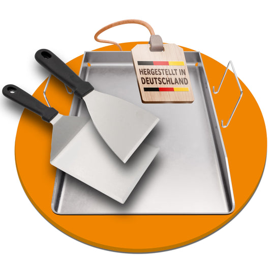 Plancha grill plate made of 4mm stainless steel | with carrying handles and spatula set | 40 x 30 cm gas grill plate in universal size | quality made in Germany | dishwasher safe non-stick