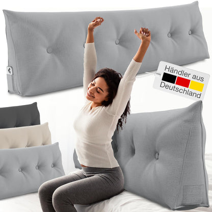 ELONEO back cushion 160 cm wide, wedge pillow suitable for bed and sofa, triangular reading pillow, pillow with removable and washable cover, with convenient side pocket.