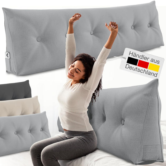 ELONEO back cushion 160 cm wide, wedge pillow suitable for bed and sofa, triangular reading pillow, pillow with removable and washable cover, with convenient side pocket.