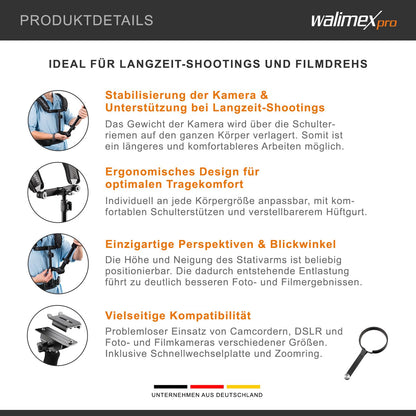 Walimex Pro Video Shoulder Rig for Camera & Camcorder - Ergonomic, Adjustable & Comfortable - Ideal for Extended Photography and Filming Sessions - Includes Quick Release Plate & Zoom Ring