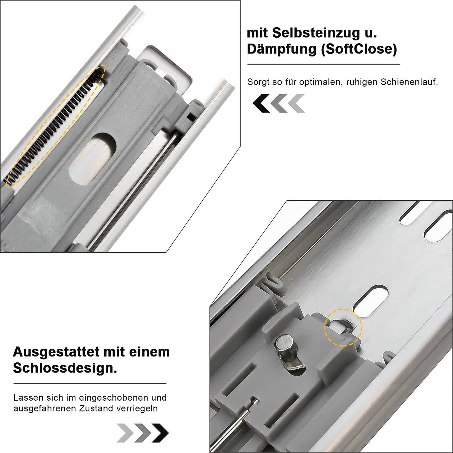Lospitch 4 pairs of ball-bearing drawer slides 350 mm, 3-fold full extension ball-bearing slides with self-closing feature. Robust full extensions with 35 kg load capacity.