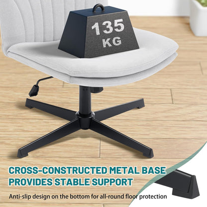 Office chair without armrests, height adjustable armless desk chair, rocking function, crossed comfortable swivel chair, ergonomic makeup chair, 360° tailor seat (White Linen)