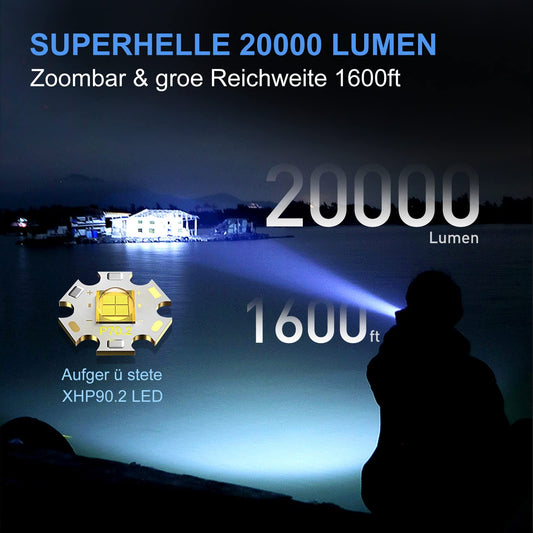 Flashlight, Rechargeable LED Flashlight, 20000 Lumens LED Flashlight Extremely Bright with 5 Modes, Battery Powered Flashlight, Zoomable LED Flashlight for Outdoor, Camping, Gift (26650 Battery)