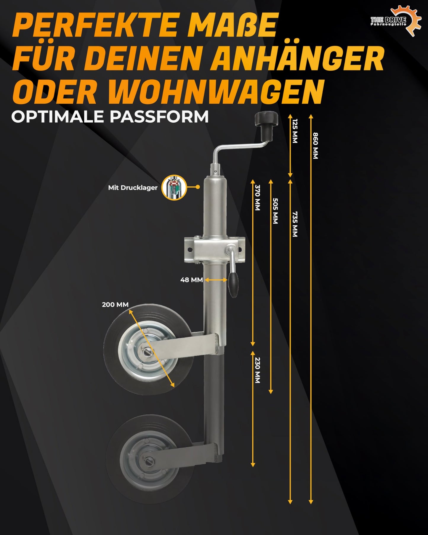 The Drive | jockey wheel 150kg | for car trailers | Ø 48mm with clamp holder | including attachment kit