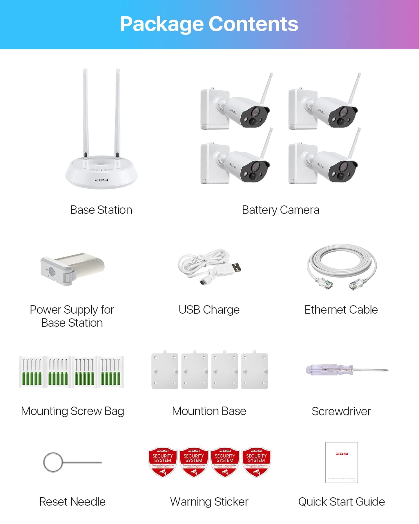 ZOSI 2K 3MP Wireless Outdoor Battery Surveillance Camera Set, 4X 3MP WiFi Cameras Battery Operated with Base Station 32GB Card, Spotlight, 2-Way Audio, Person Detection, C309
