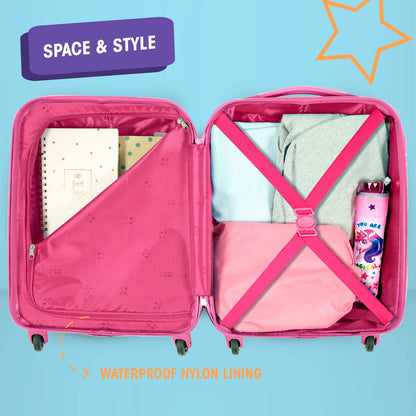 PERLETTI Unicorn Kids Suitcase Pink - Kids Trolley Carry-On Lightweight 4 Wheels and Combination Lock - Hard Shell Cabin Trolley for Girls - Travel Luggage Lufthansa Ryanair 51x35x20 cm (Unicorn Pink, XS)