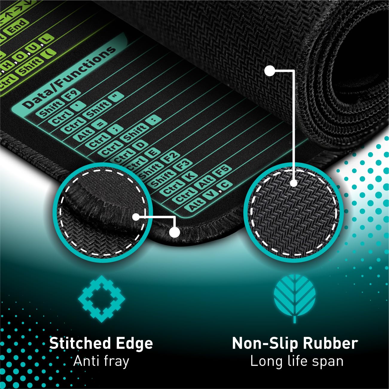 Pixiecube Excel shortcut keys mousepad, extended large XXL cheat sheet, gaming mousepad, PC office spreadsheet, keyboard mat, non-slip stitched edges.