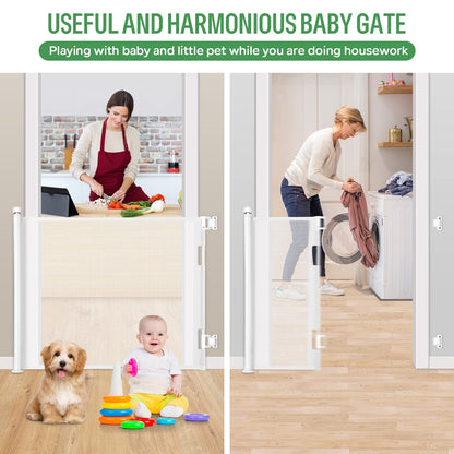 MYPIN Retractable Stair Gate for Baby Pets, Baby Gate 0 to 140 cm, 33 x 55 inches, Extra Wide Safety Gate, Dog Gate for Stairs, Hallways, One-Hand Operation, Easy to Clean, White.