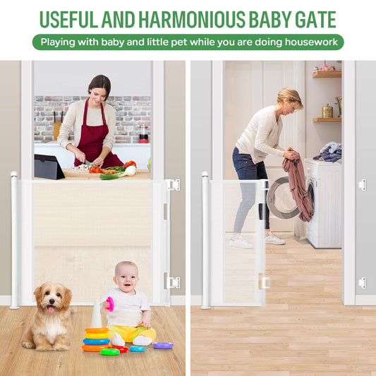 MYPIN Retractable Stair Gate for Baby Pets, Baby Gate 0 to 140 cm, 33 x 55 inches, Extra Wide Safety Gate, Dog Gate for Stairs, Hallways, One-Hand Operation, Easy to Clean, White.