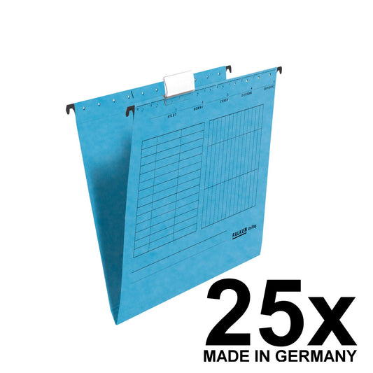 Original Falcon 25-pack hanging folder UniReg. Made in Germany. Made from recycled cardboard for side open A4 blue Blauer Engel ideal for loose leaf filing in the office and government.