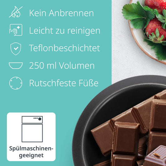 ADE Electric Chocolate Fondue 250ml with 6 skewers | 2 temperature levels for melting and keeping warm | tempering device for chocolate and couverture | removable Teflon-coated bowl