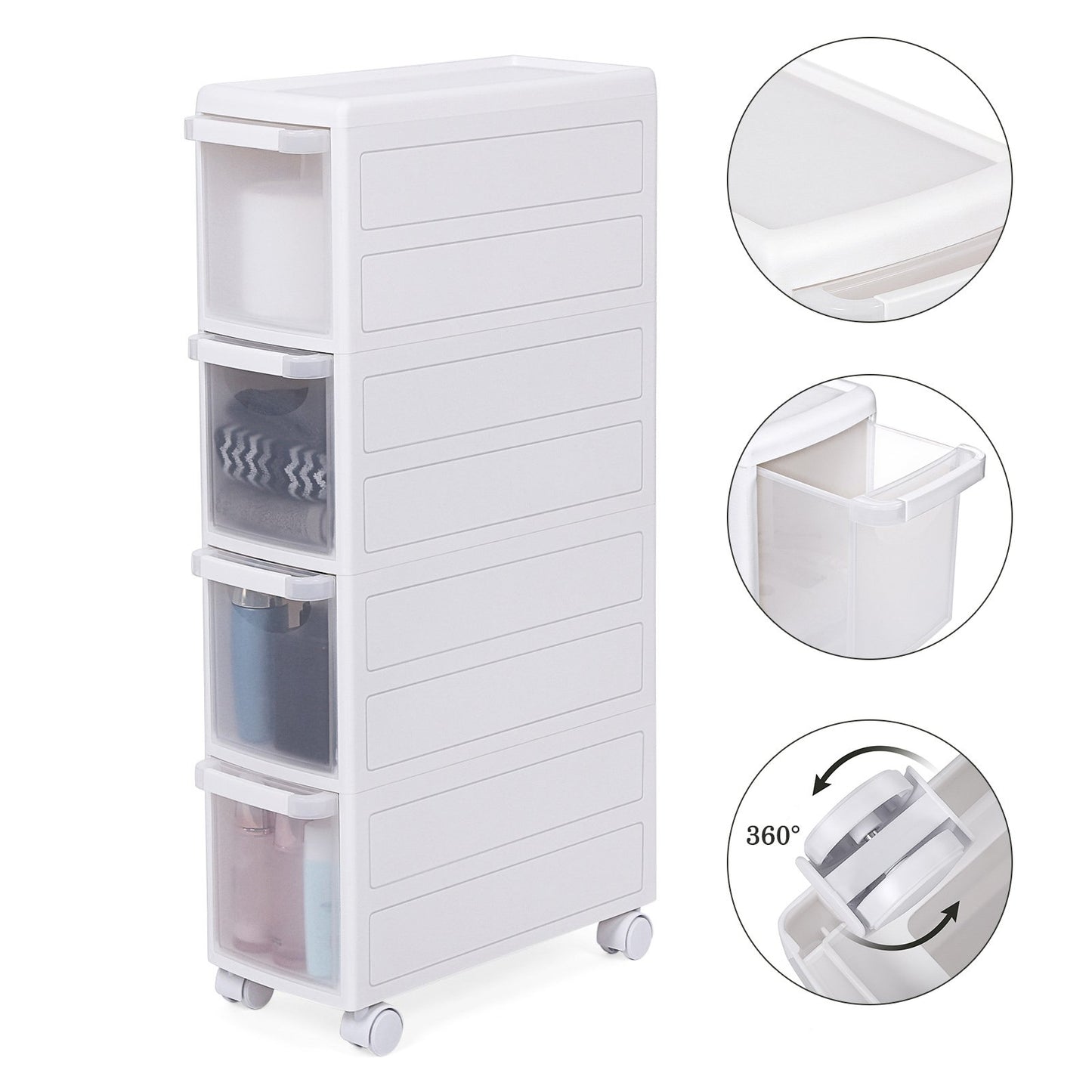 SONGMICS 4-Drawer Rolling Cart, Compact Shelf Unit, can be Used Separately as Kitchen, Bathroom, or Utility Cart. Standalone with Wheels, 84.5 cm High, White KFR05W