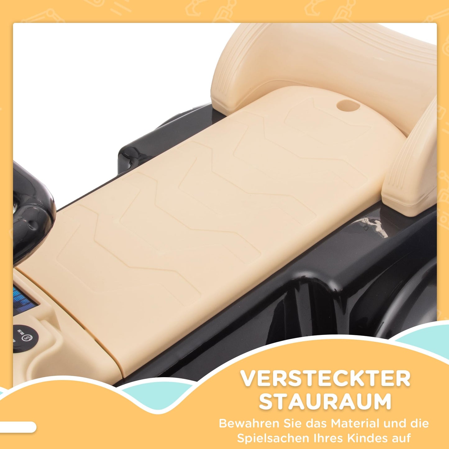 AIYAPLAY Ride-on Car, kids' vehicle with storage space and tip-over protection for 18-48 months old children, black, 77.5 x 41.5 x 45 cm.