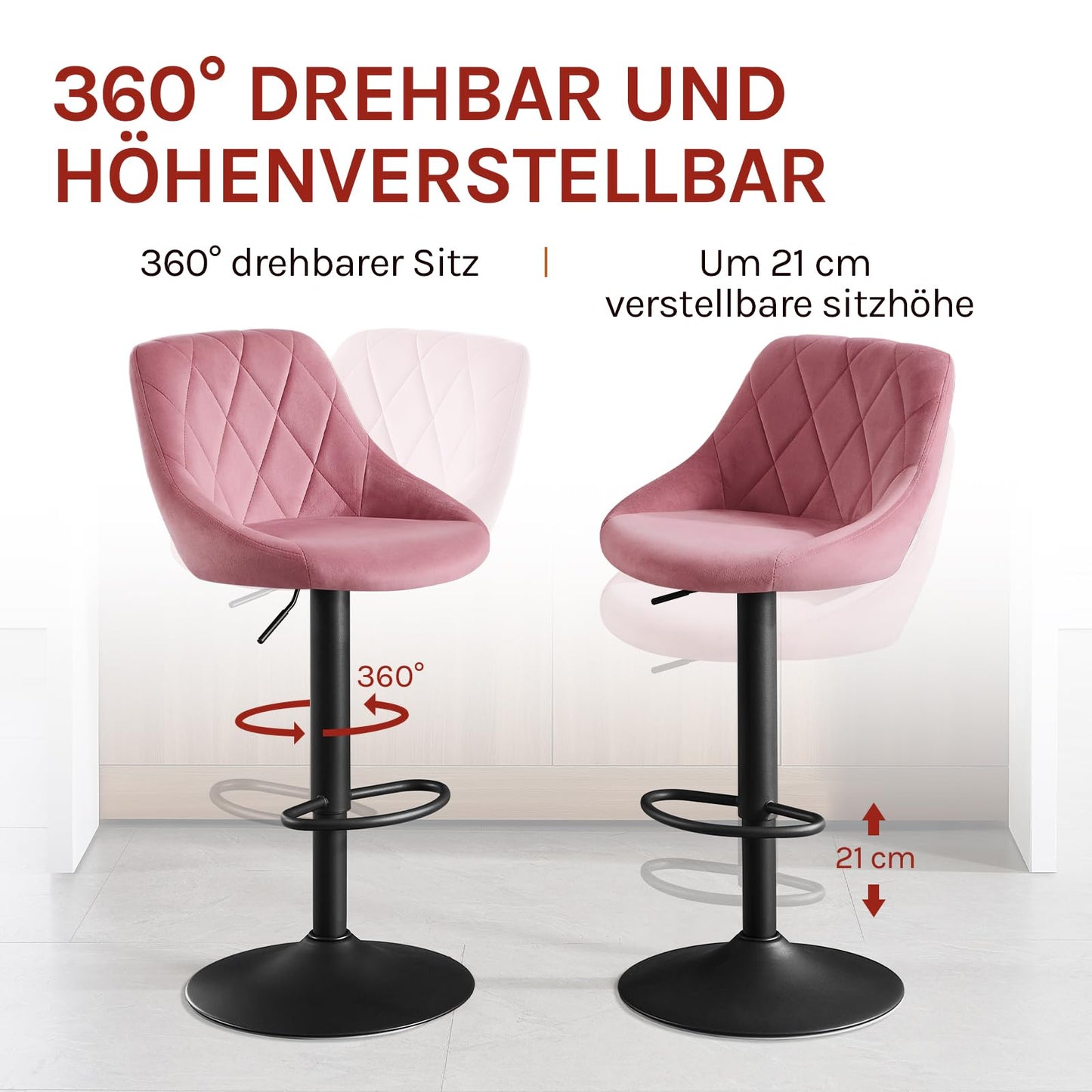 WOLTU Set of 2 Bar Stools, Bar Chairs with Backrest, Height Adjustable Swivel, Padded Velvet Seat, Non-Slip Metal Base, for Kitchen Home Bar, Pink