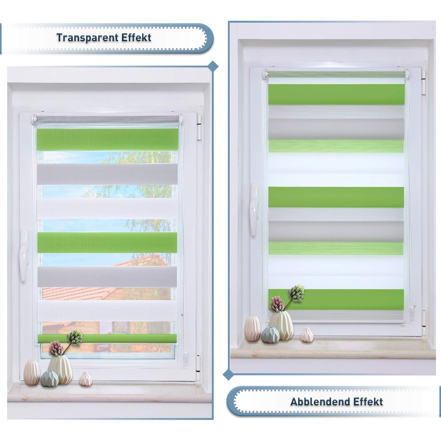 Zarnan Double Roller Blind Clamp Fix without drilling Green-grey-white 40x140cm (fabric width 36cm) Duo Roller Blind opaque Zebra Roller Blinds for windows without drilling for living room kitchen office translucent