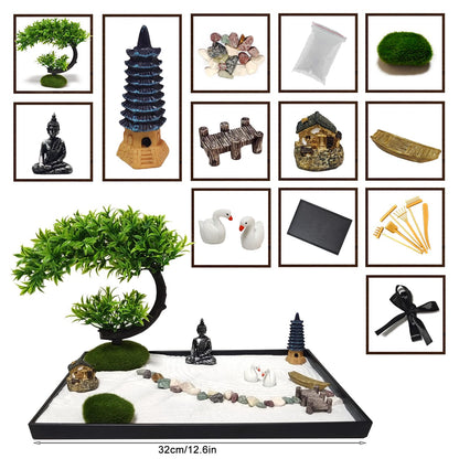 LuXianYS Japanese Zen Garden for Desk, 12x8 Inch Home Mini Zen Garden Set, Japanese Zen Sand Garden Miniature Gift Set for Home, Office Ornament