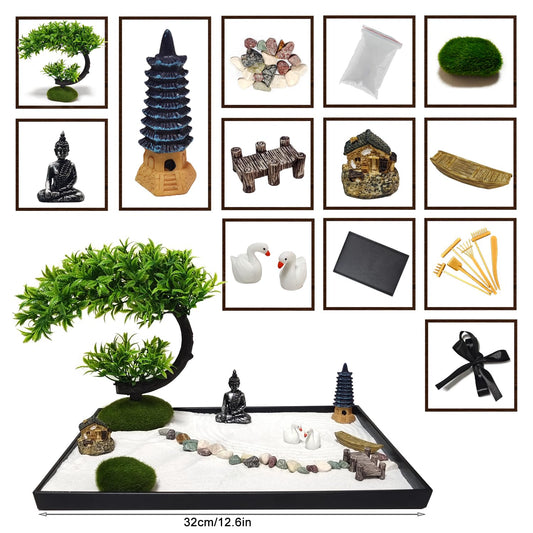 LuXianYS Japanese Zen Garden for Desk, 12x8 Inch Home Mini Zen Garden Set, Japanese Zen Sand Garden Miniature Gift Set for Home, Office Ornament