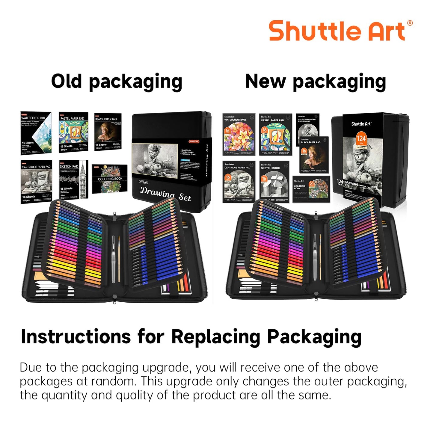 Shuttle Art 124-piece Drawing Set, Artist Kit with colored pencils, drawing pens, watercolor pencils, and graphite pencils in a pencil case, suitable for children and adults for drawing.