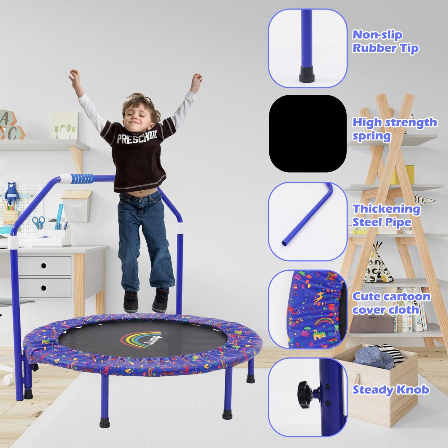 Trampoline for Kids|Approx. 91 cm diameter|Foldable rebounder for mini trampoline with foam handle, safety pads, and durable cover for indoor and outdoor use|Trampoline for jumping fitness (Blue)