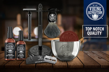 Viking Revolution - Luxury Shaving Kit for Men - Safety Razor with Double Edge, Stand, Bowl, After-Shave Balm, Pre-Shave Oil, Badger Brush, Men's Razor - Gifts for Men