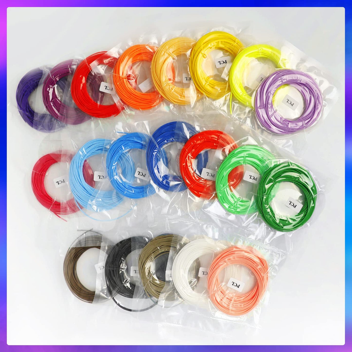 ANCHARA 3D pen filament PCL, 20 colors, 10m each - 3D pen PCL filament 1.75mm, 3D pen color set for low temperatures, 3D kids pen and 3D printing pen accessories.