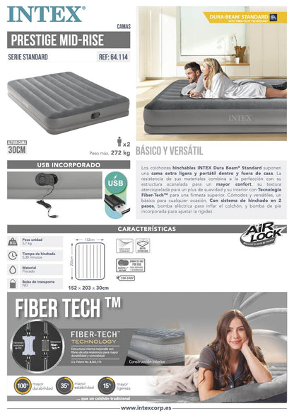 Intex 64114 - Self-Inflating Air Mattress Double Bed Dura-Beam Prestige Mid-Rise, with integrated USB Electric Pump, Suitable for 2 Person, PVC, Gray, 152x203x30 cm